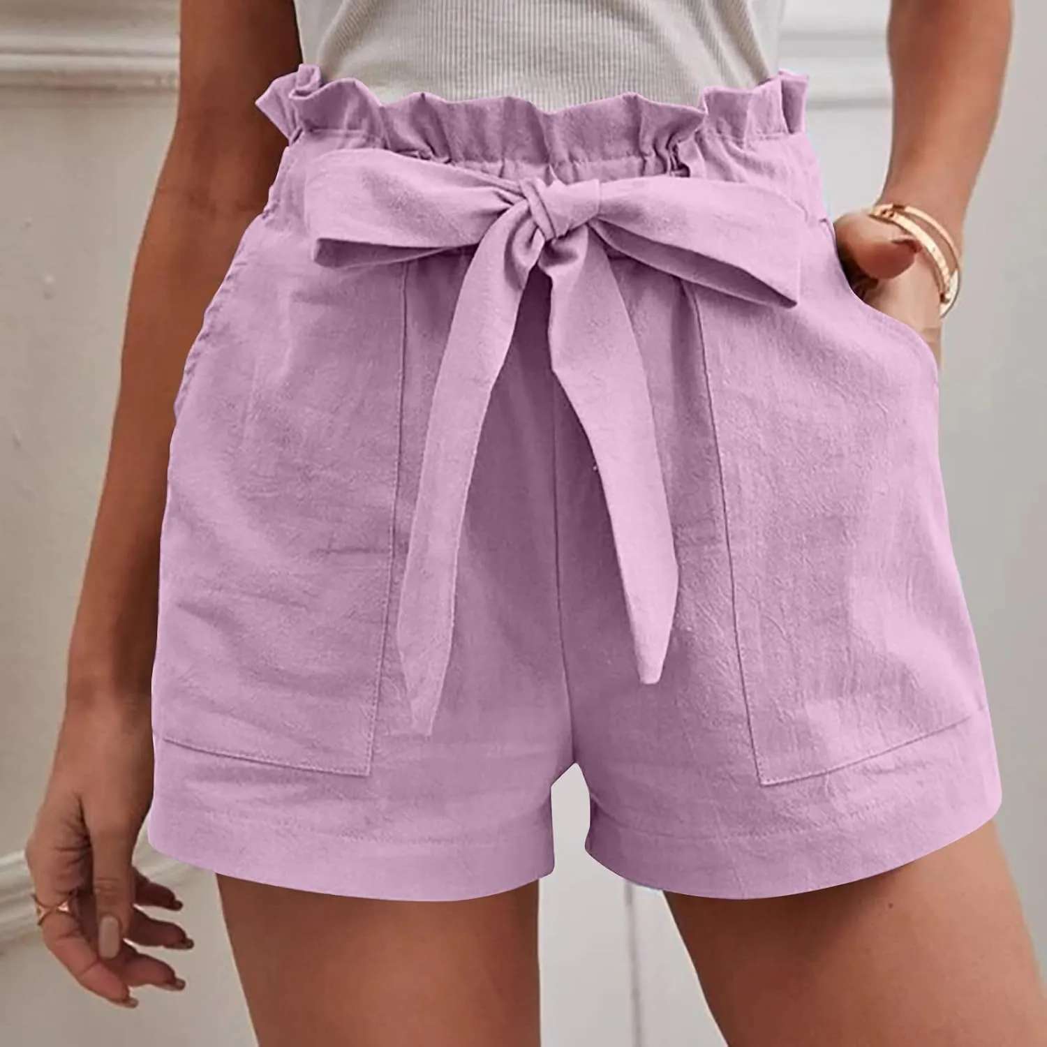 ZDRZK High Waist Paperbag Shorts for Women 2023 Casual Wide Leg Summer Cotton Linen Shorts with Pockets Trendy 2023
