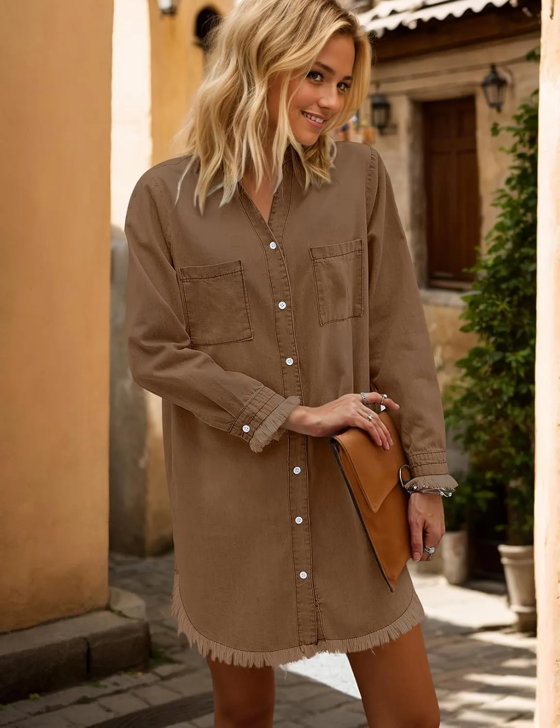 Zilcremo Women Denim Shirt Dresses Long Sleeve Distressed Jean Dress Button Down Casual Tunic Top