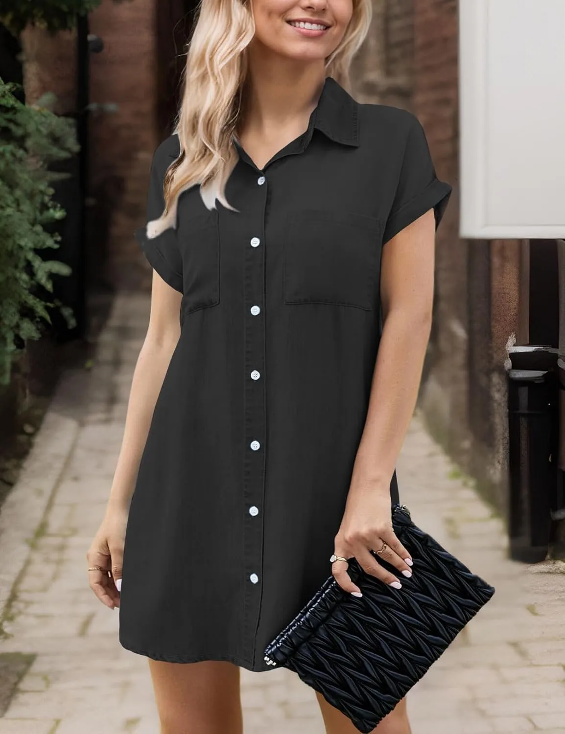 Zilcremo Women Denim Shirt Dresses Short Sleeve Distressed Jean Dress Button Down Casual Tunic Top