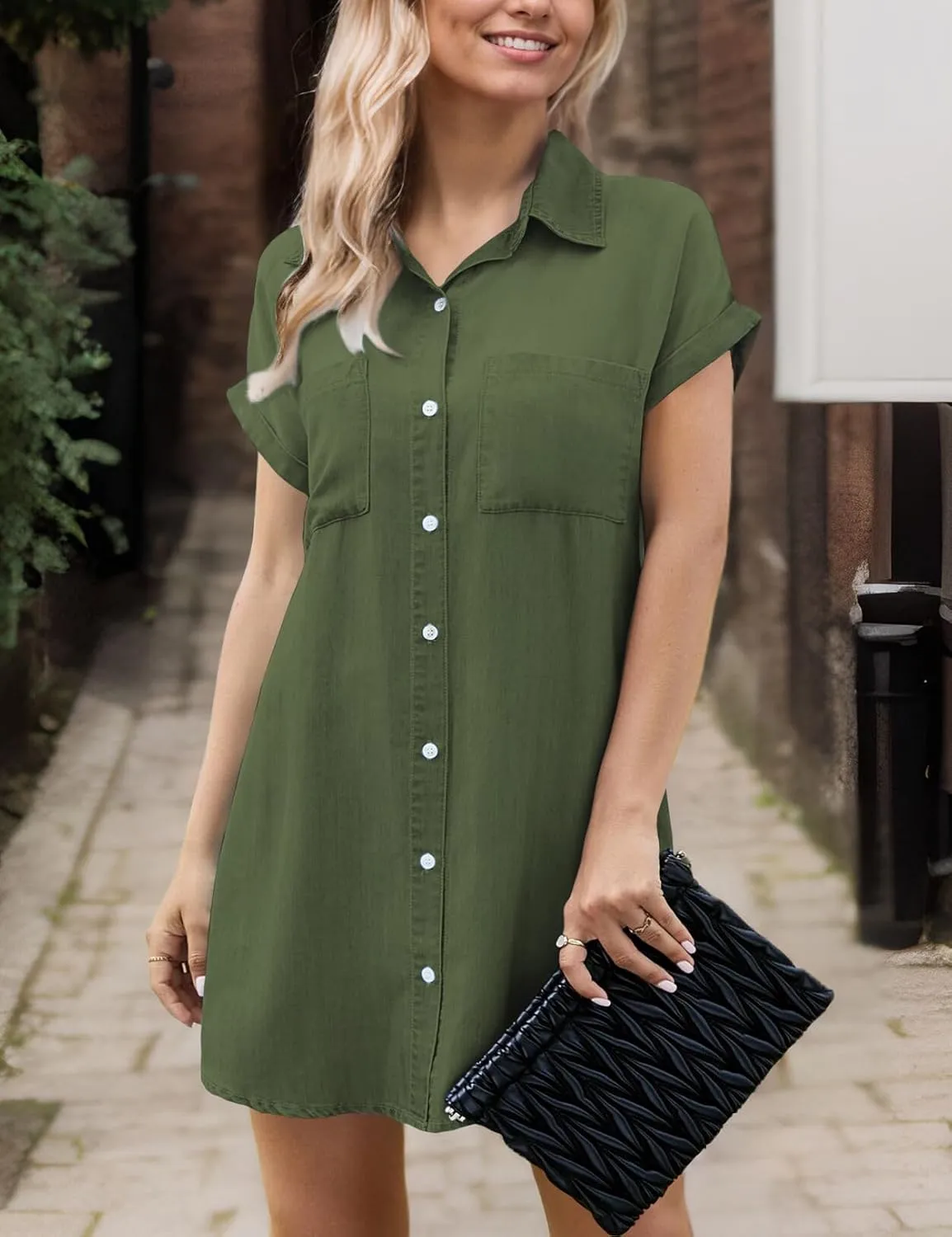 Zilcremo Women Denim Shirt Dresses Short Sleeve Distressed Jean Dress Button Down Casual Tunic Top
