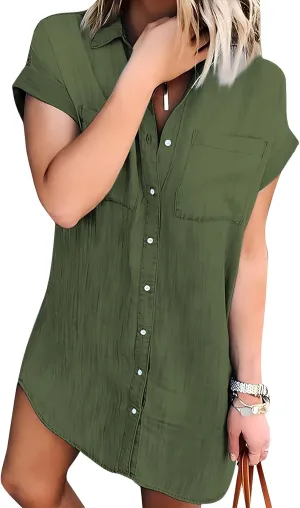 Zilcremo Women Denim Shirt Dresses Short Sleeve Distressed Jean Dress Button Down Casual Tunic Top