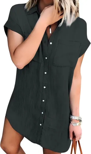 Zilcremo Women Denim Shirt Dresses Short Sleeve Distressed Jean Dress Button Down Casual Tunic Top