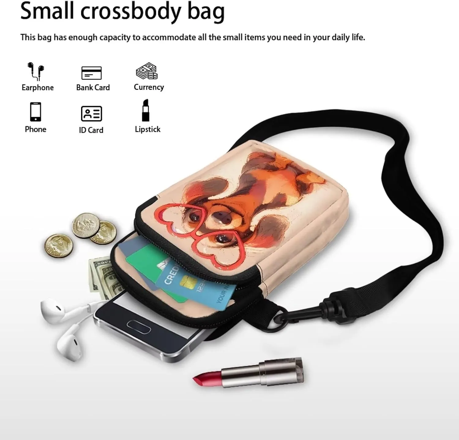 Zip Small Crossbody Bag for Women, Cartoon Cats Puppy Small Crossbody Phone Purse Wallet Bag Shoulder Fanny Pack