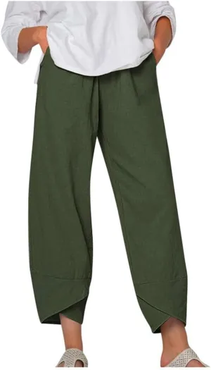 ZOCAVIA Women's Cotton Linen Capri Pants Casual Cropped Baggy Trousers Comfy Loose Palazzo Lounge Pants with Pockets