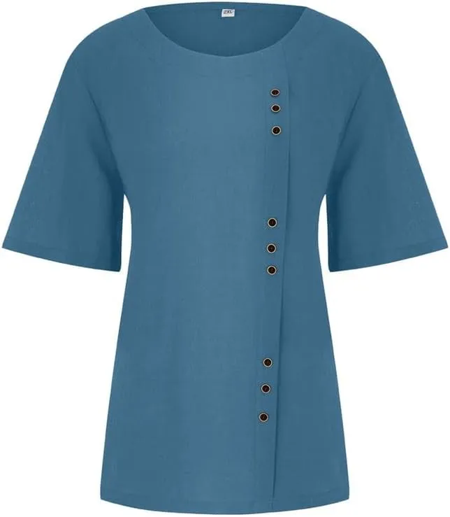 ZOCAVIA Women's Cotton Linen Shirts Summer Casual Boho Floral Short Sleeve Buttons Blouse Oversized Loose Ladies Tunic Tops