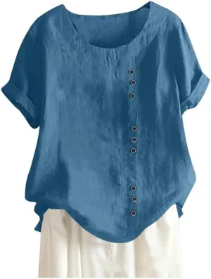 ZOCAVIA Women's Cotton Linen Shirts Summer Casual Boho Floral Short Sleeve Buttons Blouse Oversized Loose Ladies Tunic Tops