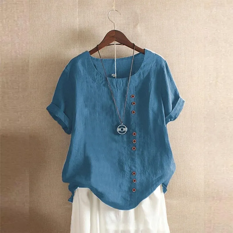 ZOCAVIA Women's Cotton Linen Shirts Summer Casual Boho Floral Short Sleeve Buttons Blouse Oversized Loose Ladies Tunic Tops