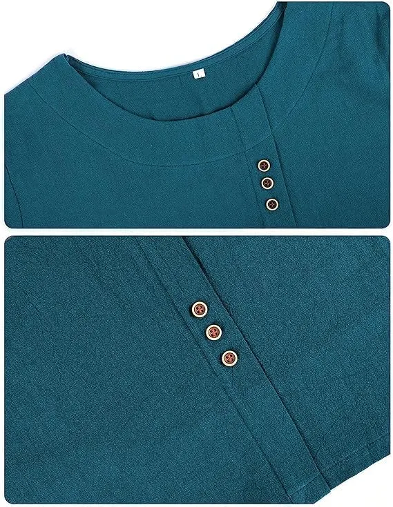 ZOCAVIA Women's Cotton Linen Shirts Summer Casual Boho Floral Short Sleeve Buttons Blouse Oversized Loose Ladies Tunic Tops