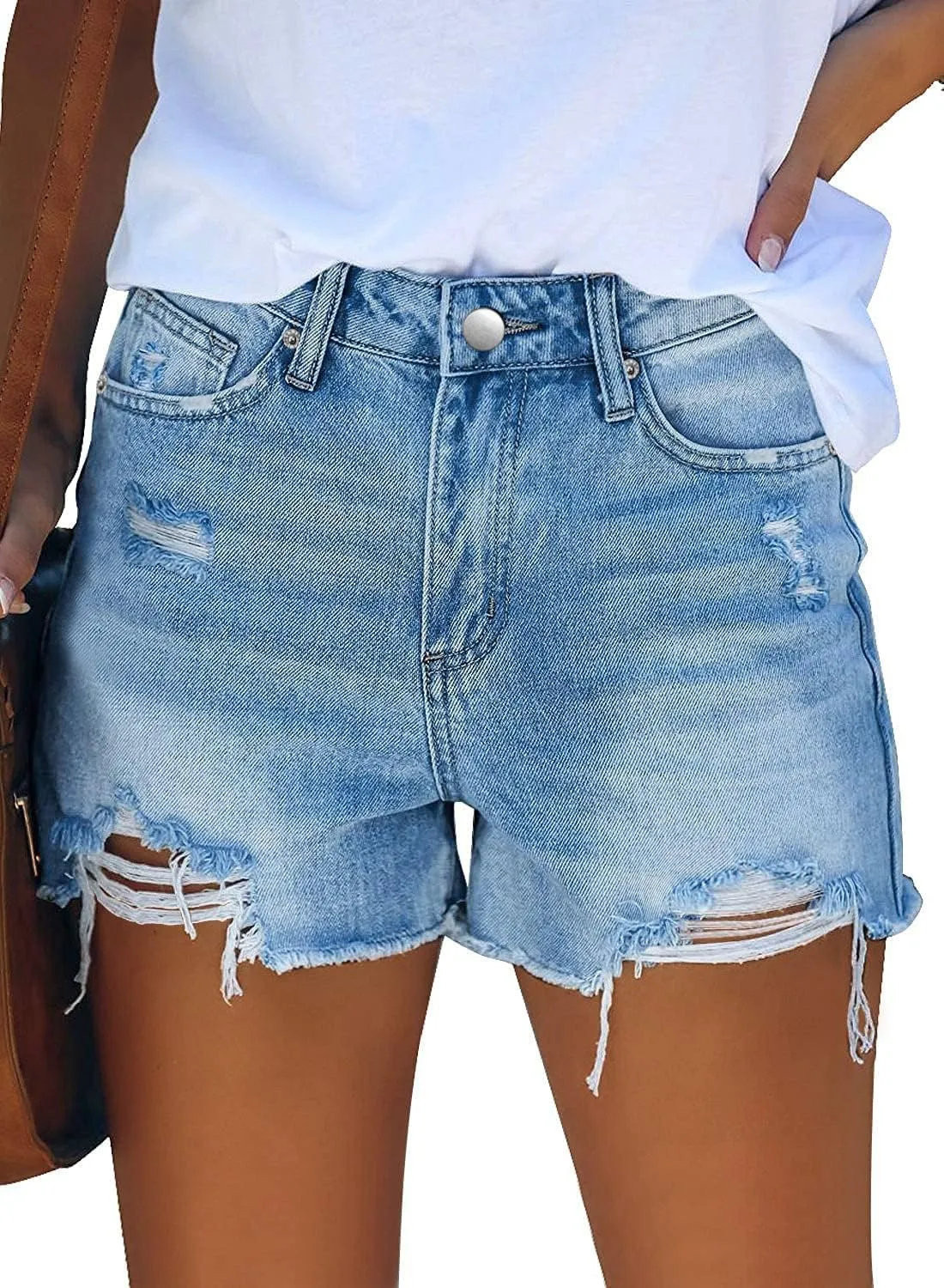 ZOLUCKY Women's Casual Summer Denim Shorts Mid Waisted Stretchy Ripped Jean Shorts with Pockets