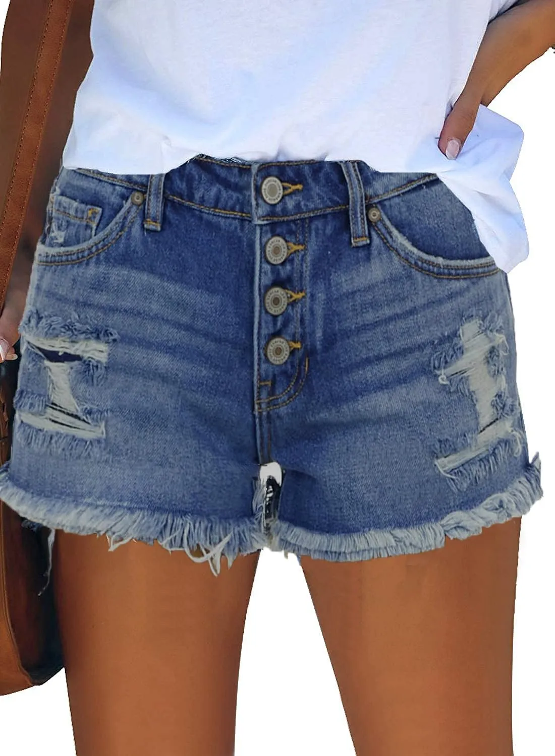 ZOLUCKY Women's Casual Summer Denim Shorts Mid Waisted Stretchy Ripped Jean Shorts with Pockets