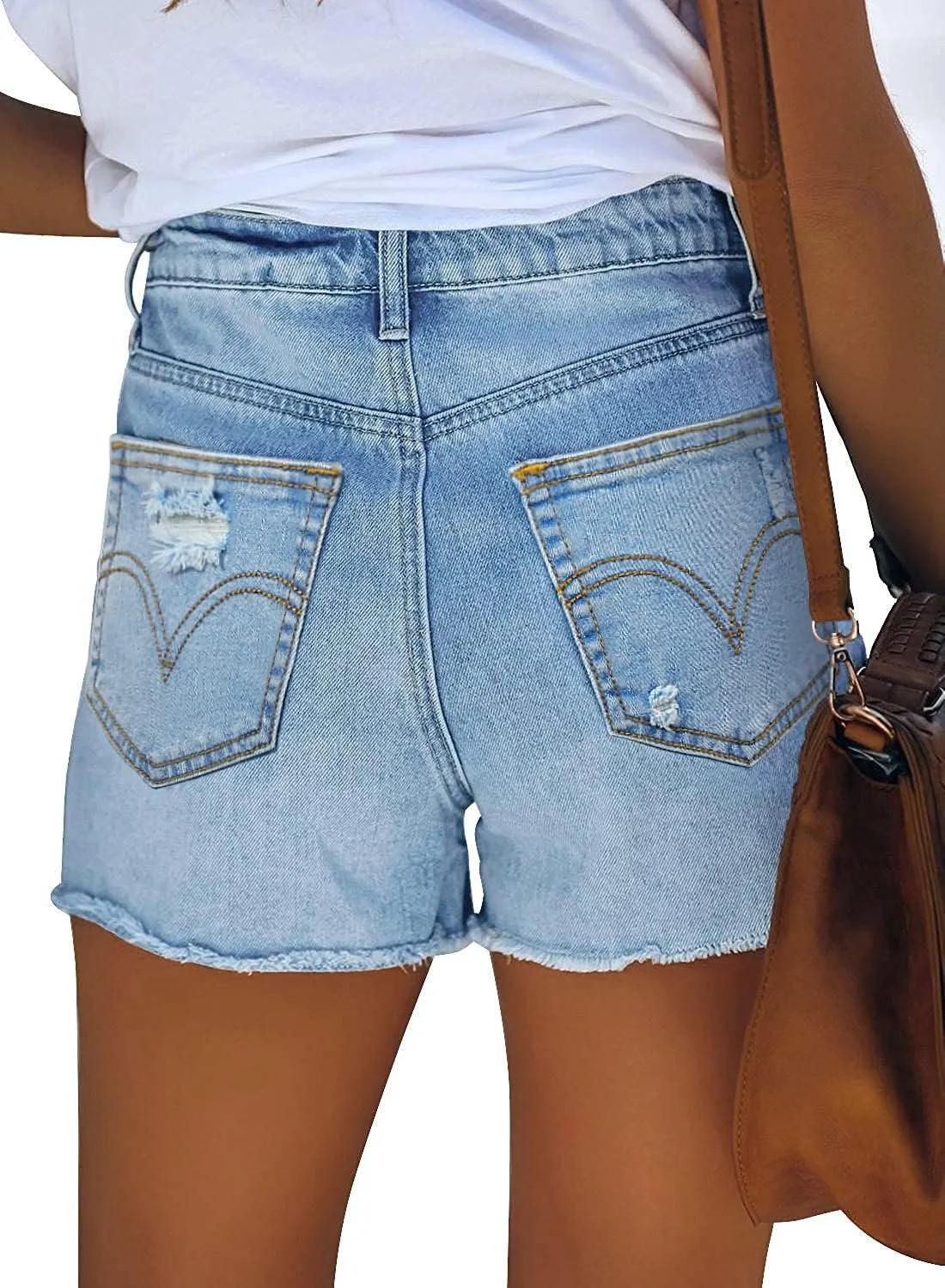 ZOLUCKY Women's Casual Summer Denim Shorts Mid Waisted Stretchy Ripped Jean Shorts with Pockets