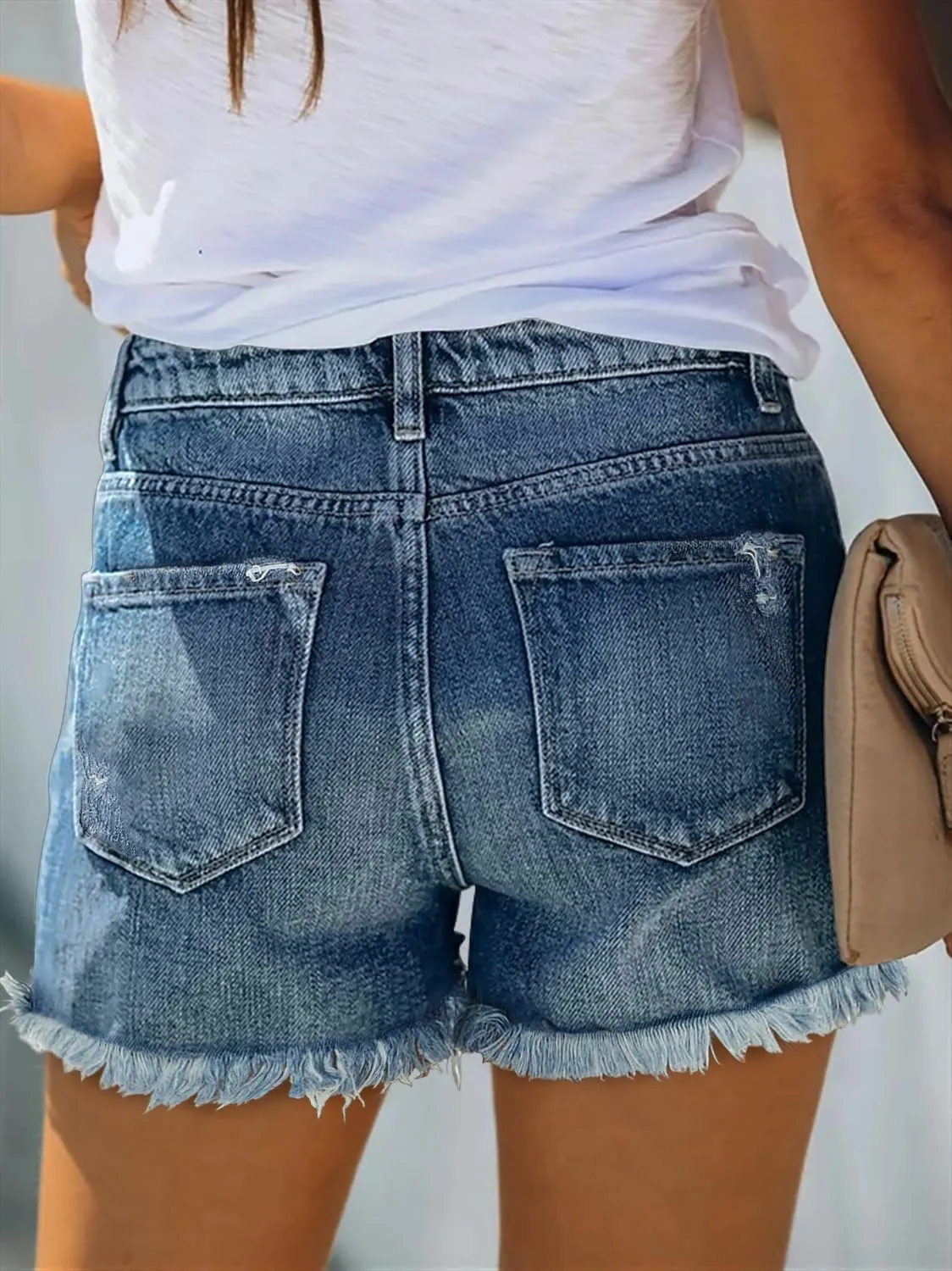 ZOLUCKY Women's Casual Summer Denim Shorts Mid Waisted Stretchy Ripped Jean Shorts with Pockets