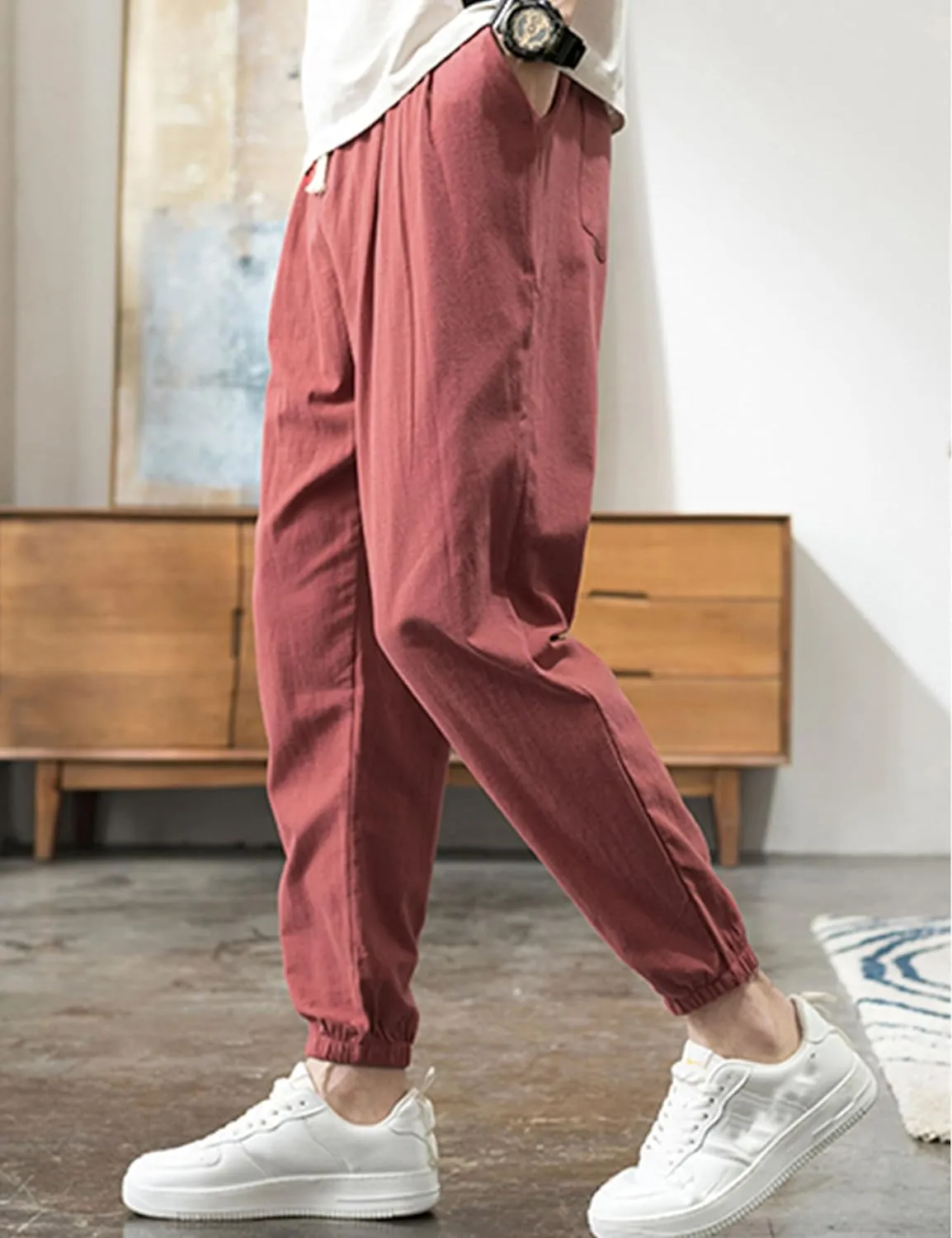 Zontroldy Men's Pants Cotton Linen Yoga Golf Beach Jogger Sweat Lounge Harem Pants Trousers
