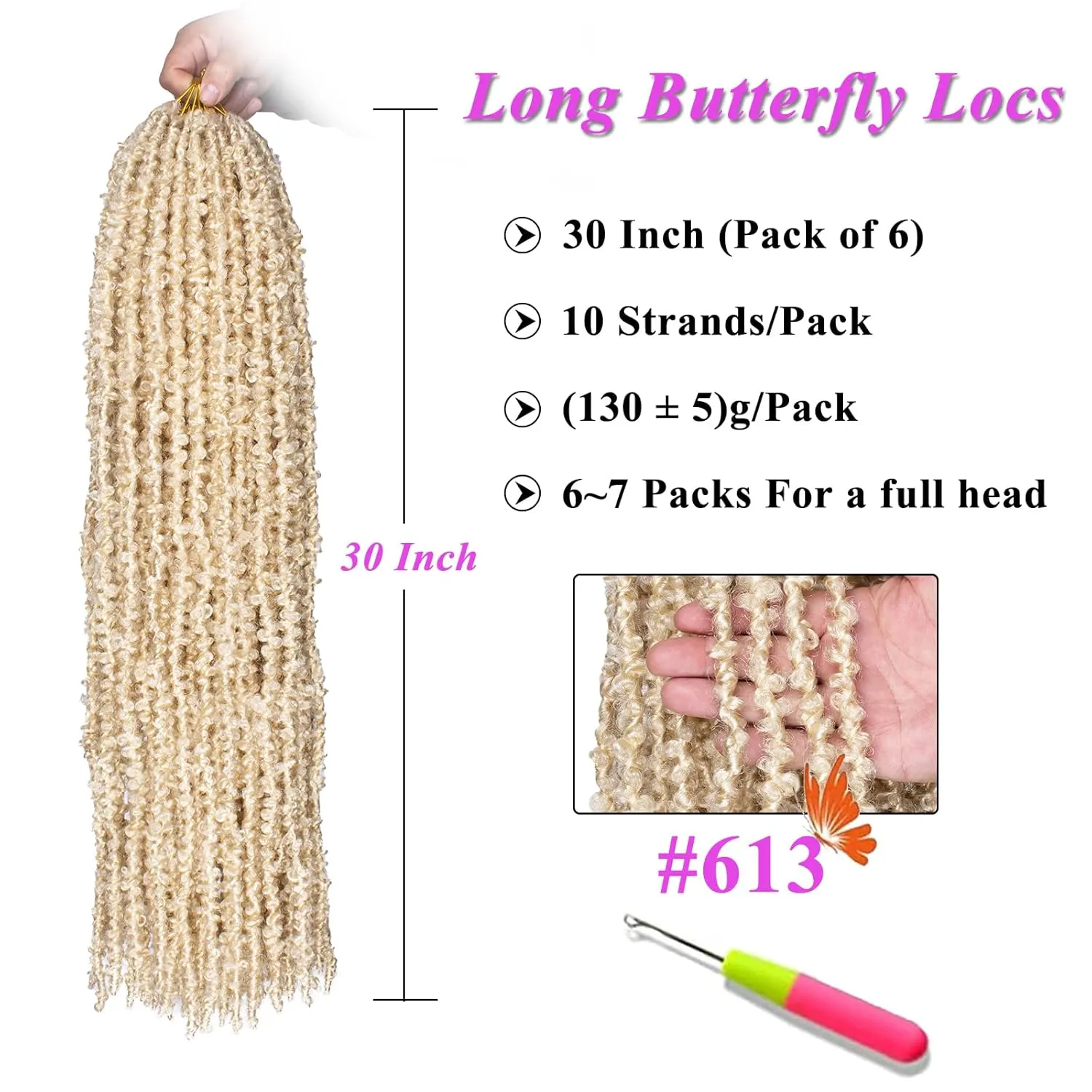 ZRQ Butterfly Locs Crochet Hair 30 Inch 6Packs Blonde Distressed Faux Locs Pre-Looped Long Butterfly Locs Crochet Hair Synthetic Soft Locs Crochet Braids Hair Extension for Women (30 Inch, 613#）