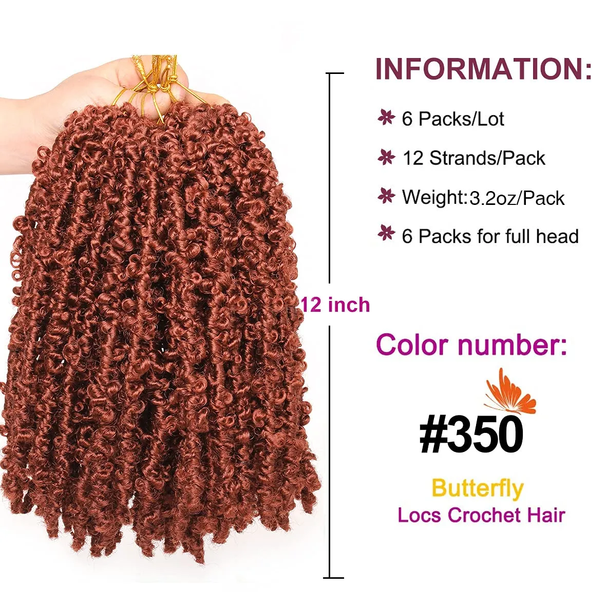 ZRQ Butterfly Locs Crochet Hair 6 Packs 12 Inch Copper Red Distressed Faux Locs Crochet Hair Short Butterfly Twist Locs Hair Pre-looped Messy #350