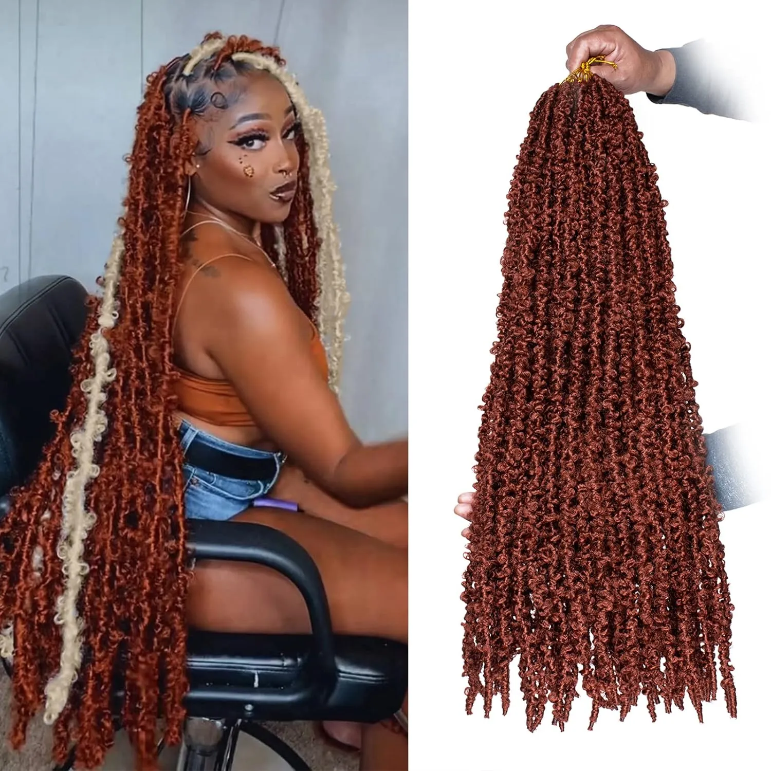 ZRQ Copper Red 30 Inch Butterfly Locs Crochet Hair 6 Packs Pre-looped Long Distressed Butterfly Faux Locs Hair Ginger Goddess Soft Locs Crochet Braids Hair Extensions (30 Inch, 350#）