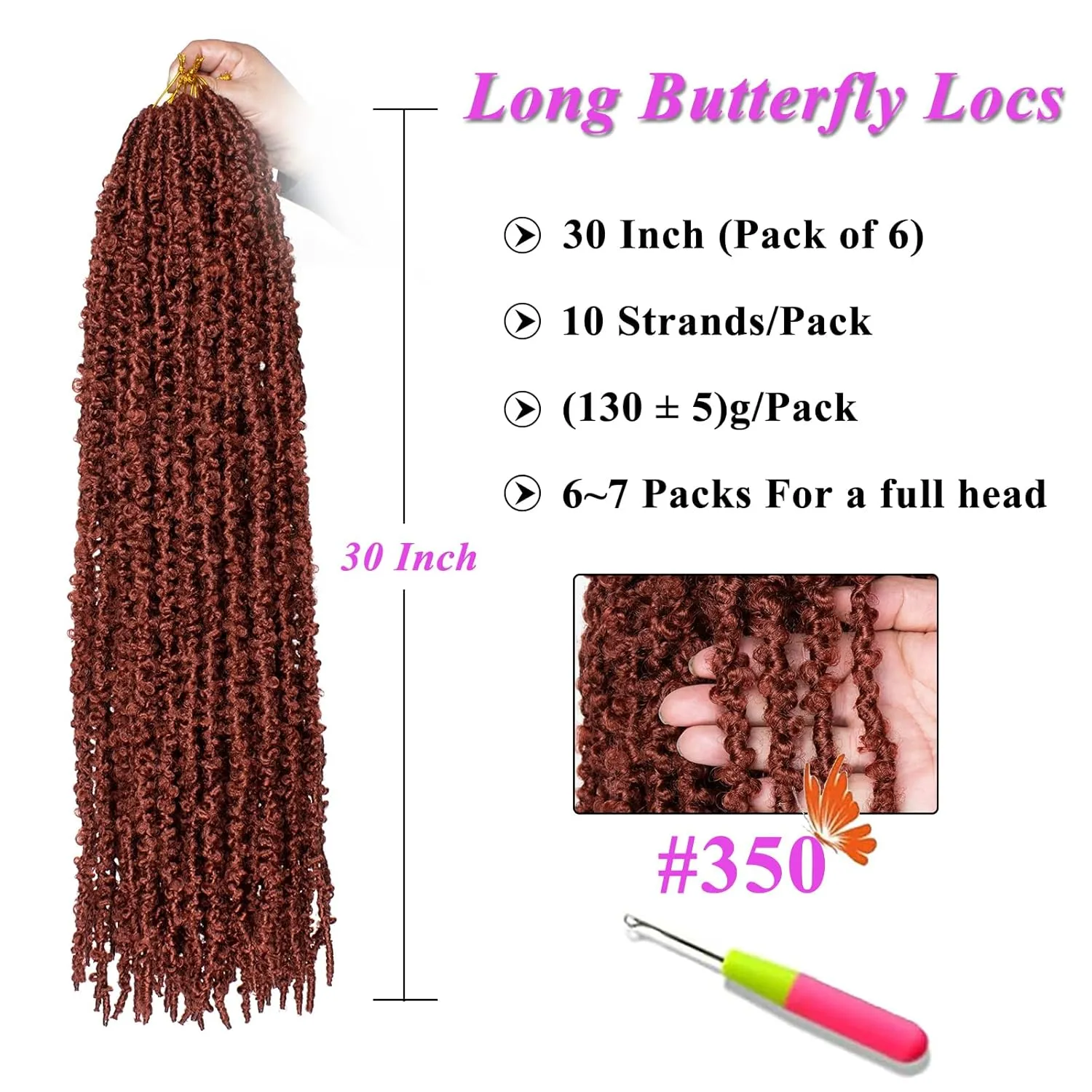 ZRQ Copper Red 30 Inch Butterfly Locs Crochet Hair 6 Packs Pre-looped Long Distressed Butterfly Faux Locs Hair Ginger Goddess Soft Locs Crochet Braids Hair Extensions (30 Inch, 350#）
